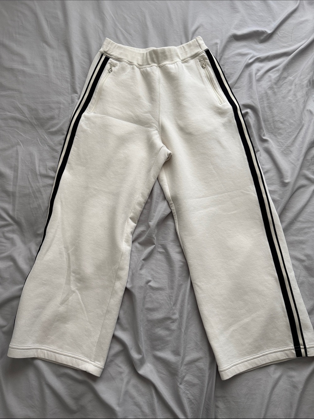 Wide-Leg White Track Pants with Black Side Stripes - Unbranded